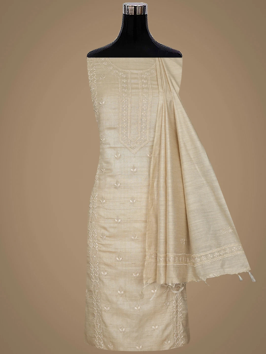 Ada Hand Embroidered Fawn Tussar Silk Lucknowi Chikankari Unstitched Kurta Dupatta Set 01A762675