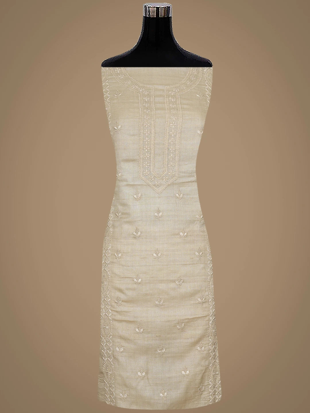 Ada Hand Embroidered Fawn Tussar Silk Lucknowi Chikankari Unstitched Kurta Dupatta Set 01A762675