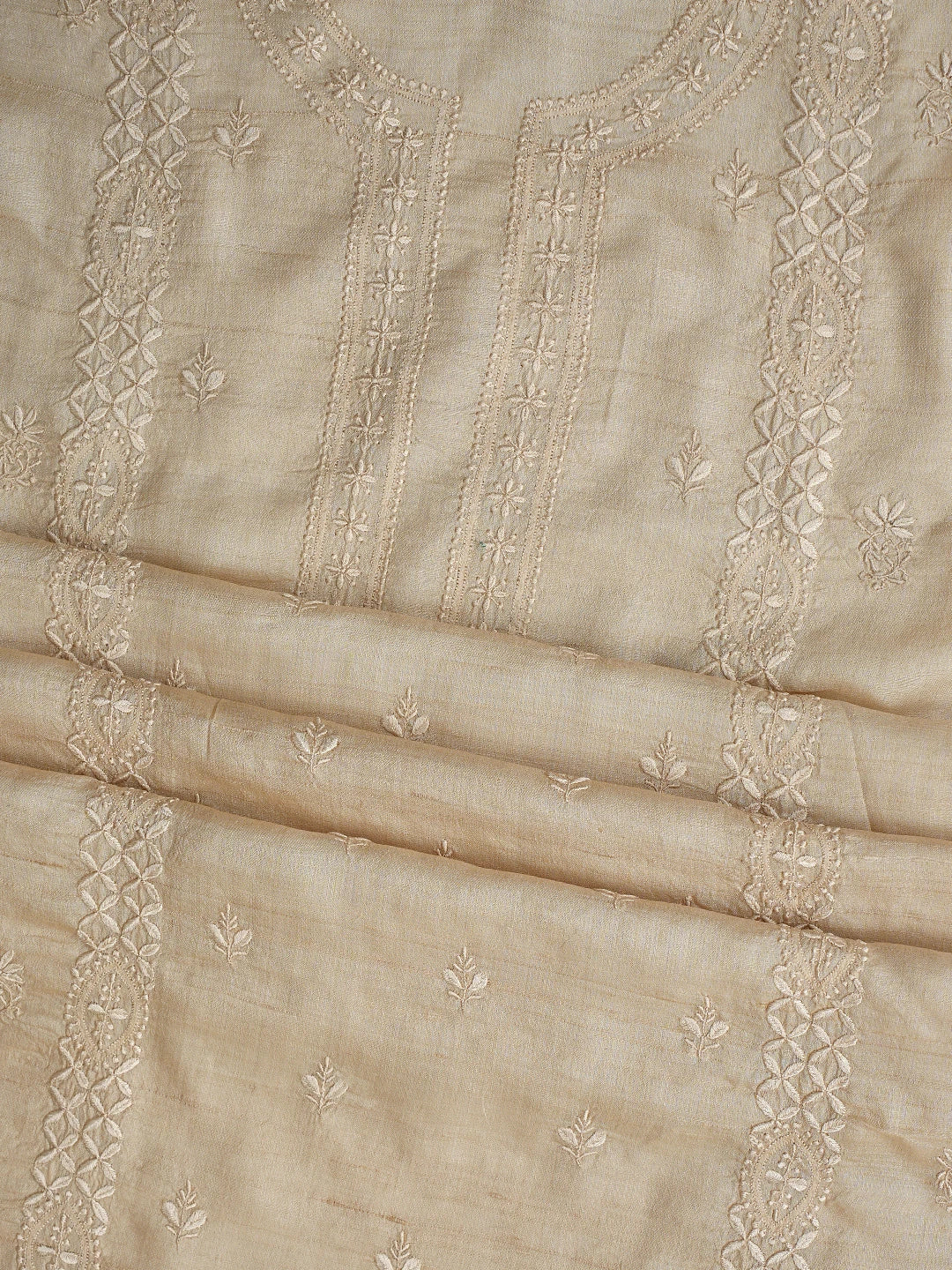 Ada Hand Embroidered Fawn Tussar Silk Lucknowi Chikankari Unstitched Kurta Dupatta Set 01A762675