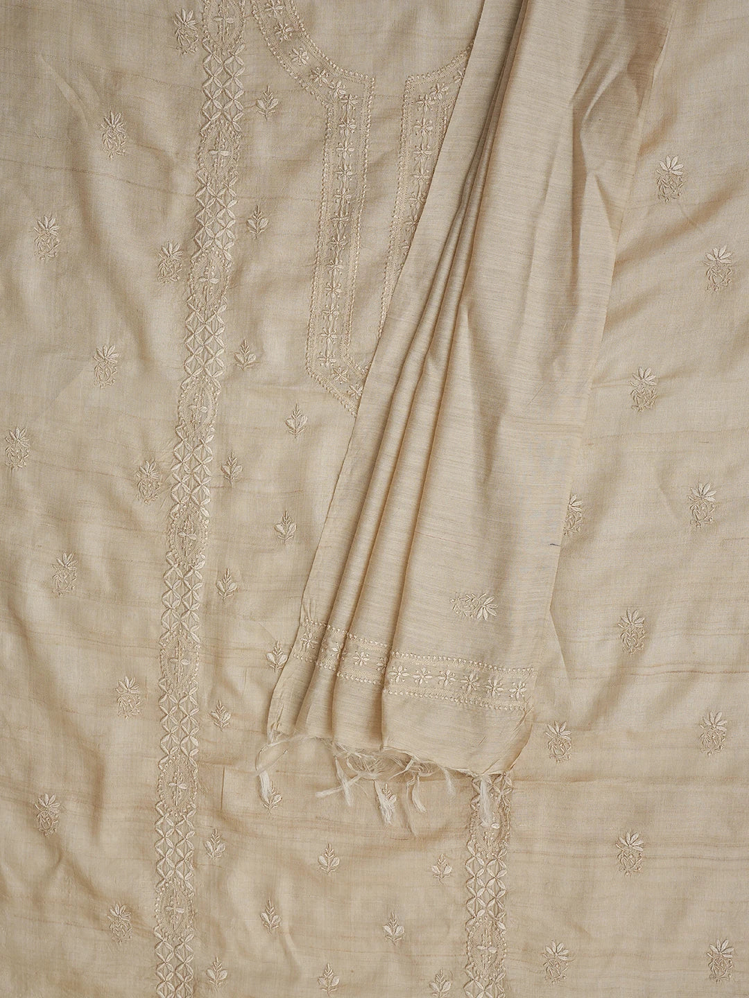 Ada Hand Embroidered Fawn Tussar Silk Lucknowi Chikankari Unstitched Kurta Dupatta Set 01A762675