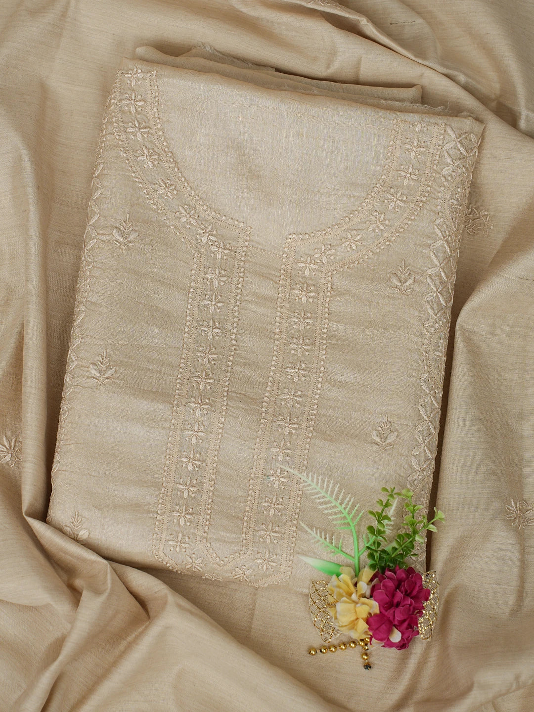 Ada Hand Embroidered Fawn Tussar Silk Lucknowi Chikankari Unstitched Kurta Dupatta Set 01A762675