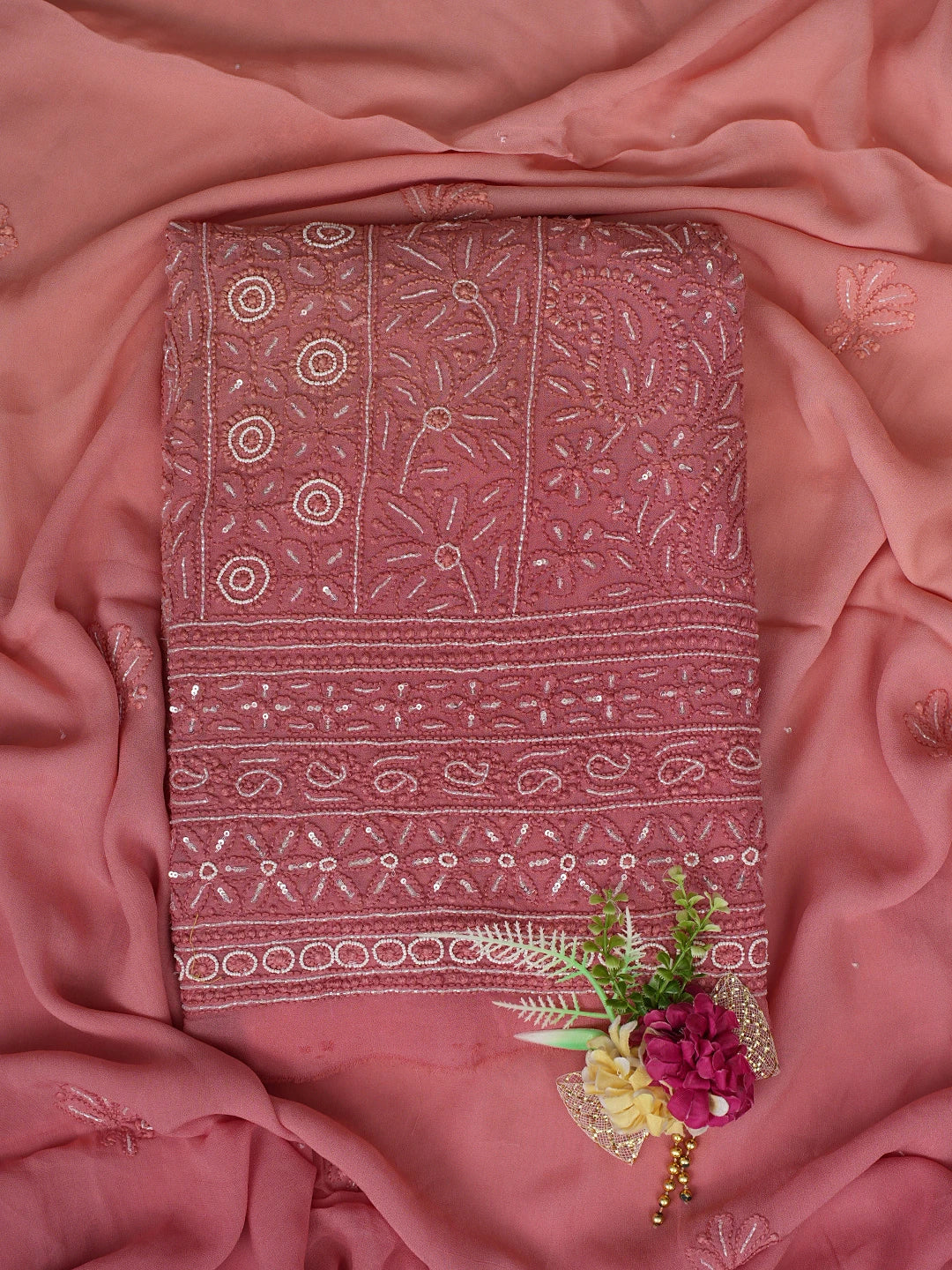 Ada Hand Embroidered Dusty Pink Viscose Georgette Lucknowi Chikankari Unstitched Kurta Dupatta Set With Cutdana Work 01A578900