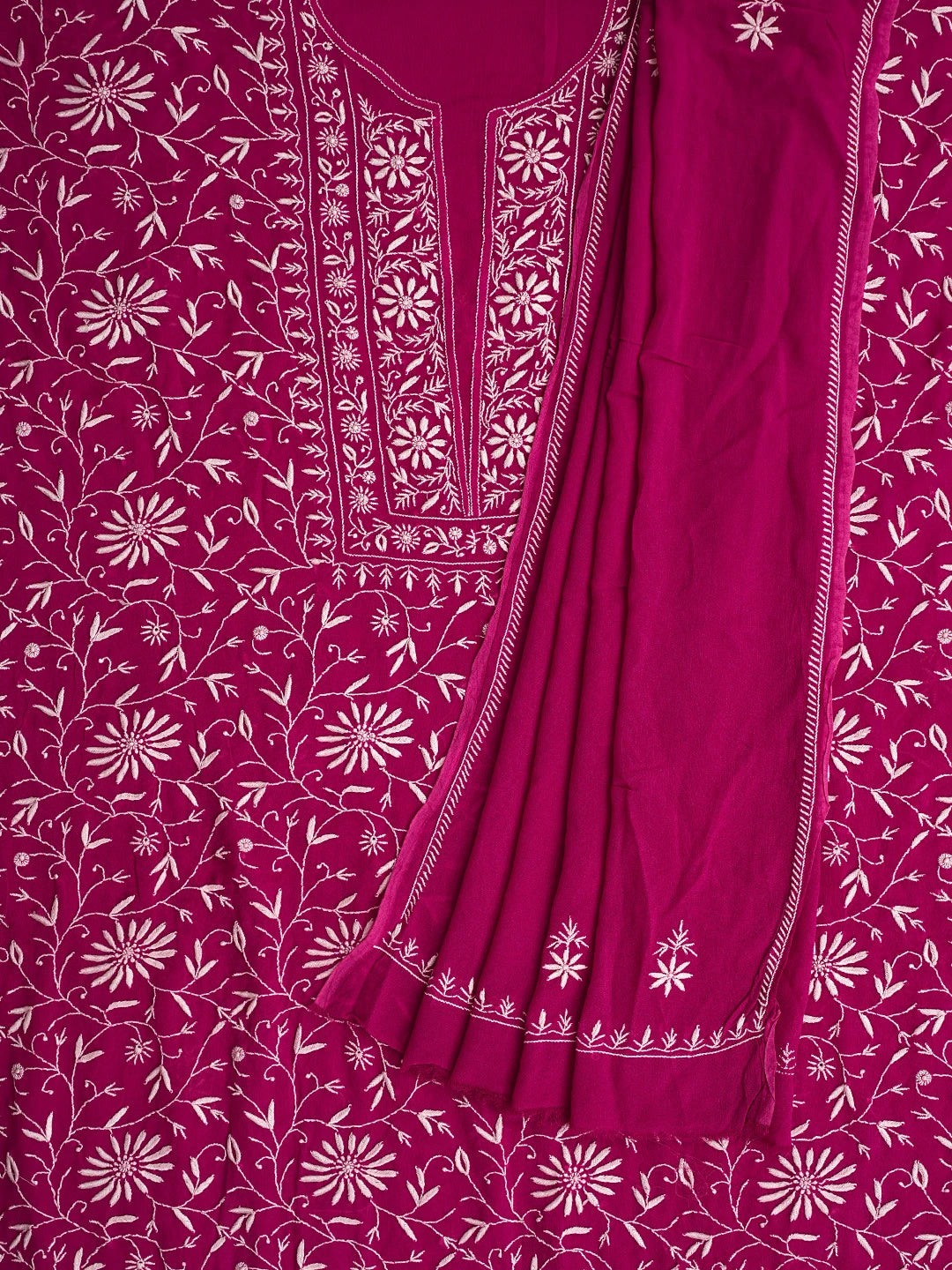 Ada Hand Embroidered Magenta Viscose Georgette Lucknowi Chikankari Unstitched Kurta Dupatta Set 01A856661
