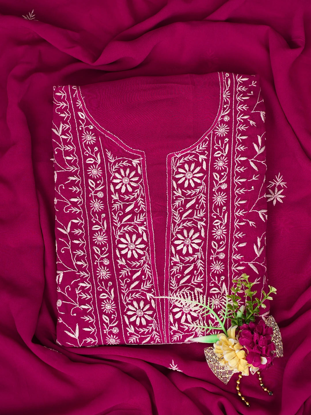 Ada Hand Embroidered Magenta Viscose Georgette Lucknowi Chikankari Unstitched Kurta Dupatta Set 01A856661