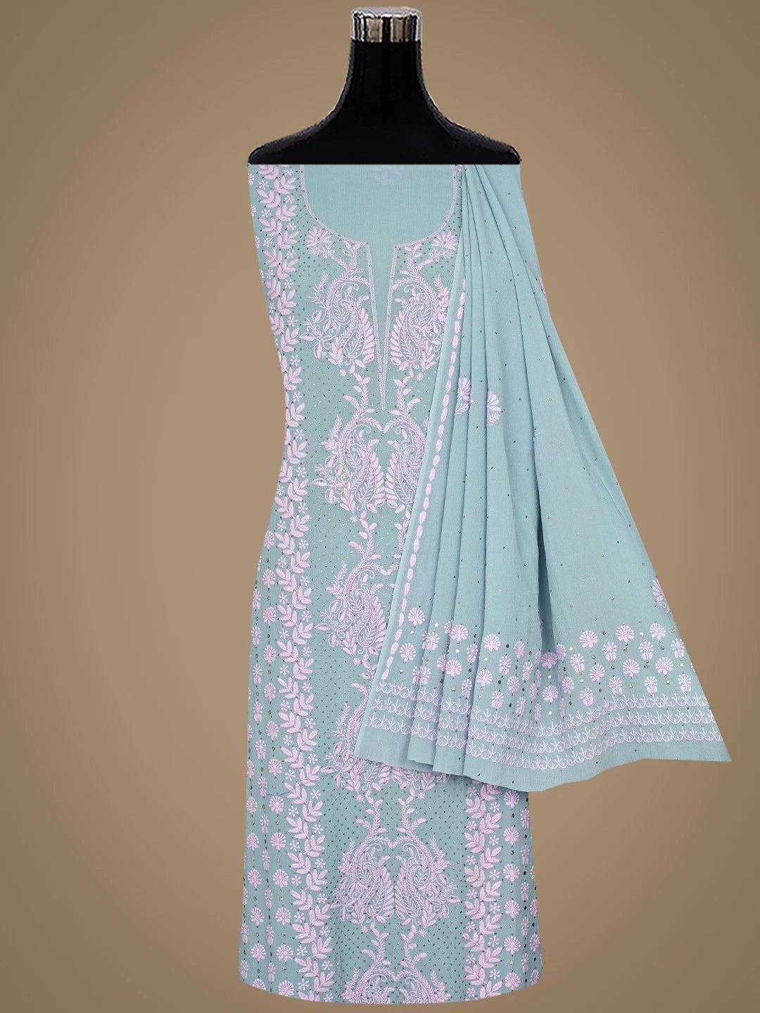 Ada Hand Embroidered Cadet Grey Pure Georgette Lucknowi Chikankari Unstitched Kurta Dupatta Set With Mukaish Work 01A762327
