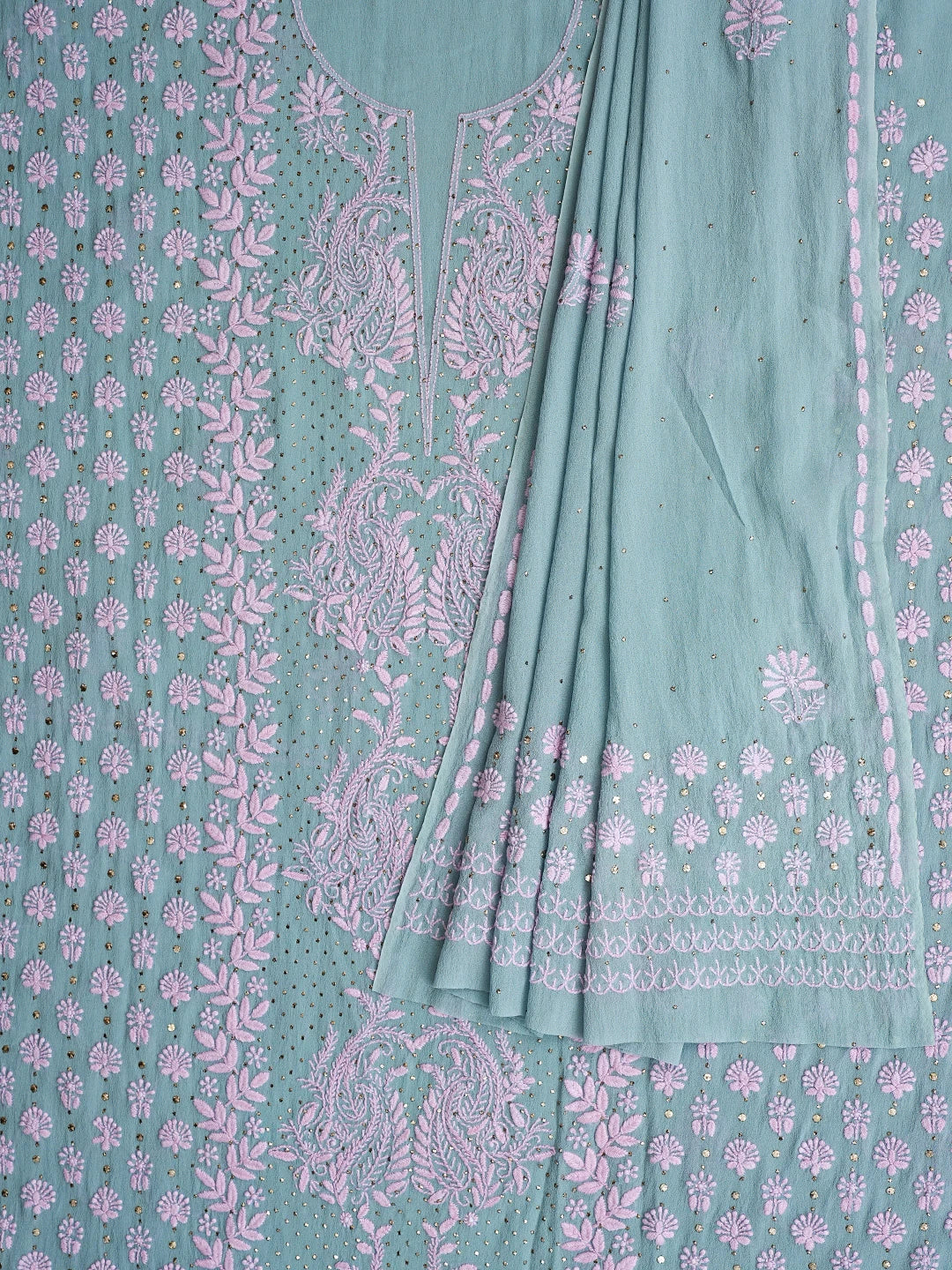 Ada Hand Embroidered Cadet Grey Pure Georgette Lucknowi Chikankari Unstitched Kurta Dupatta Set With Mukaish Work 01A762327