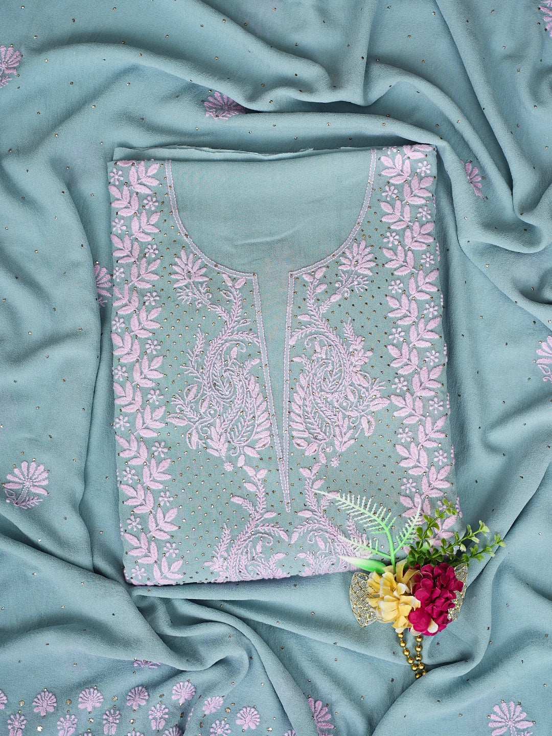Ada Hand Embroidered Cadet Grey Pure Georgette Lucknowi Chikankari Unstitched Kurta Dupatta Set With Mukaish Work 01A762327