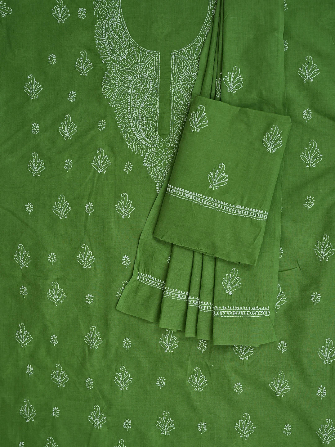 Ada Hand Embroidered Green Cotton Lucknowi Chikankari Unstitched Suit Piece 01A867047
