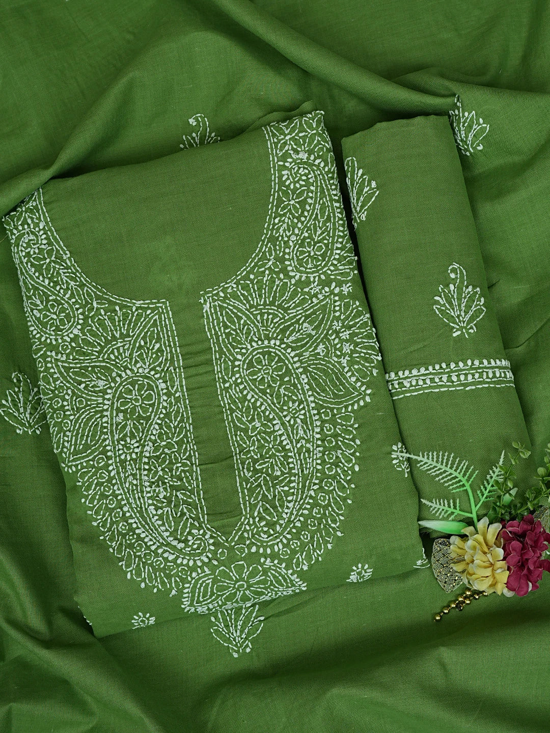 Ada Hand Embroidered Green Cotton Lucknowi Chikankari Unstitched Suit Piece 01A867047