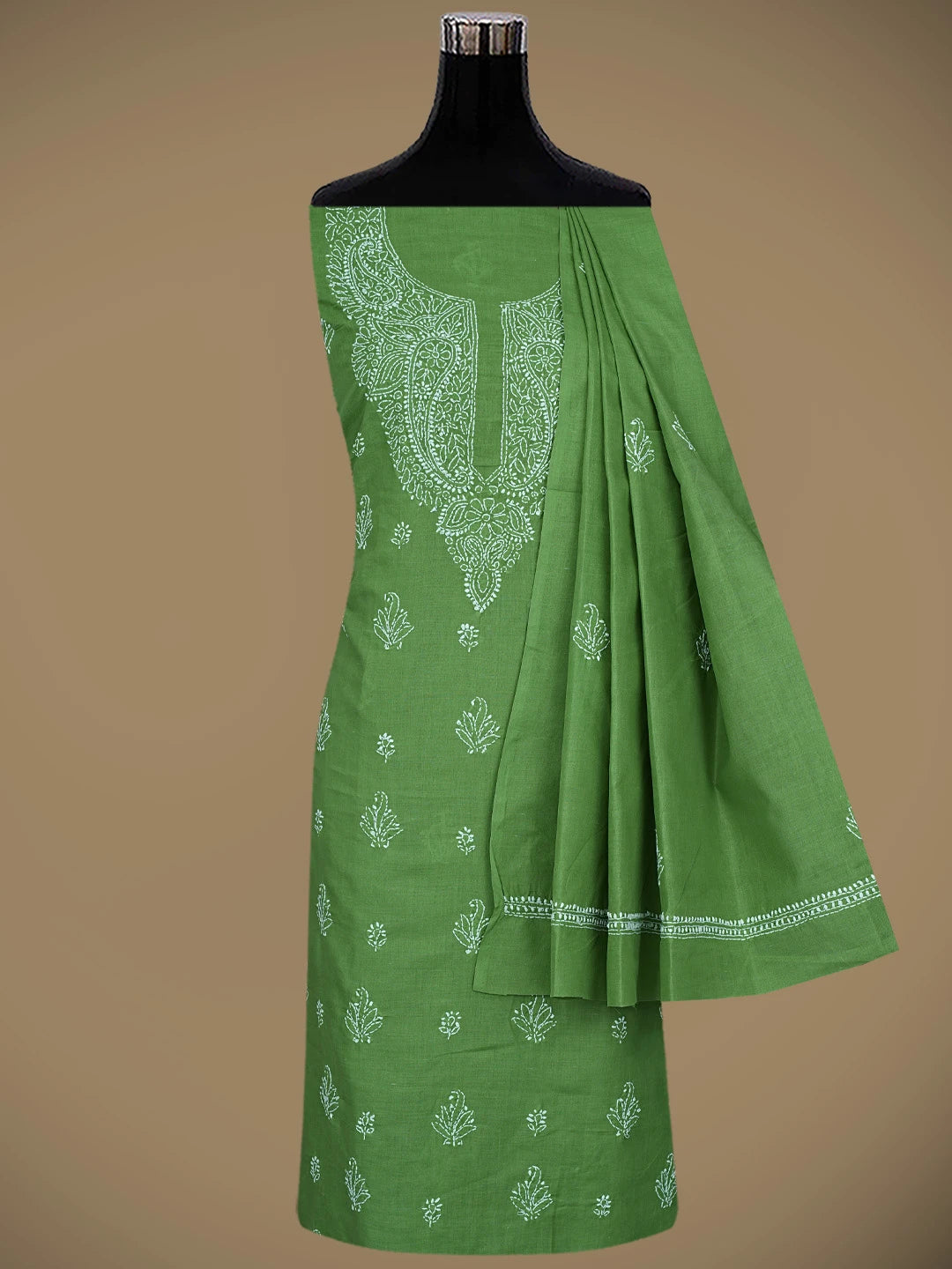 Ada Hand Embroidered Green Cotton Lucknowi Chikankari Unstitched Suit Piece 01A867047