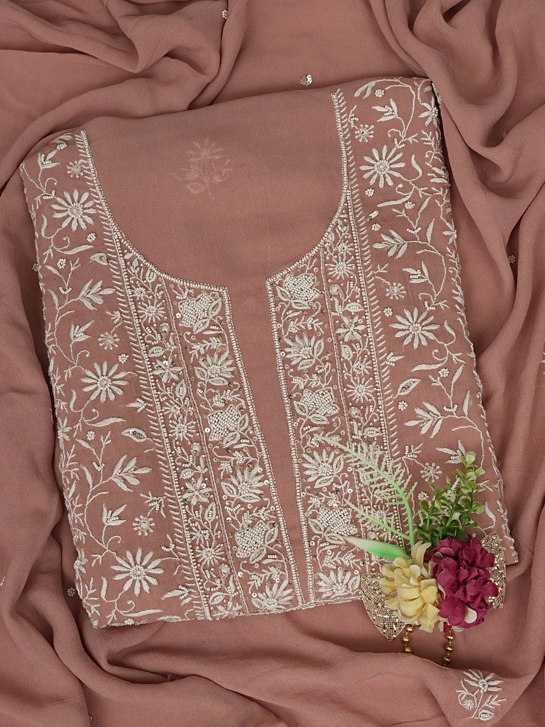 Ada Hand Embroidered Dusty Peach Viscose Georgette Lucknowi Chikankari Unstitched Kurta Dupatta Set With Cutdana Work 01A856618