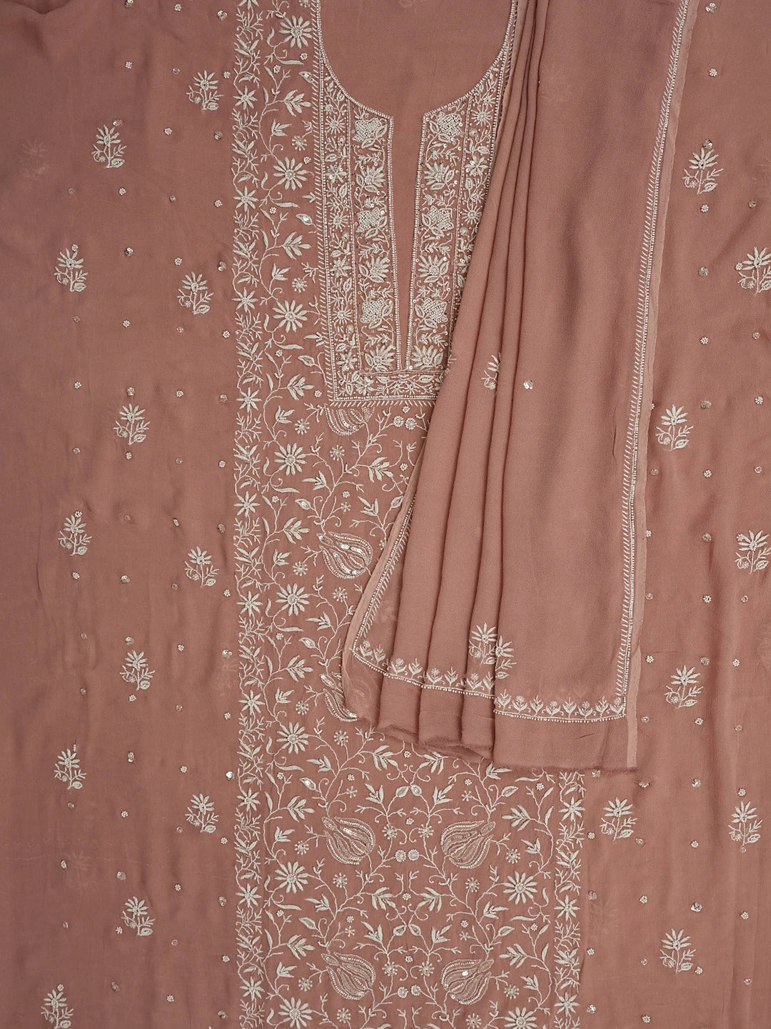 Ada Hand Embroidered Dusty Peach Viscose Georgette Lucknowi Chikankari Unstitched Kurta Dupatta Set With Cutdana Work 01A856618