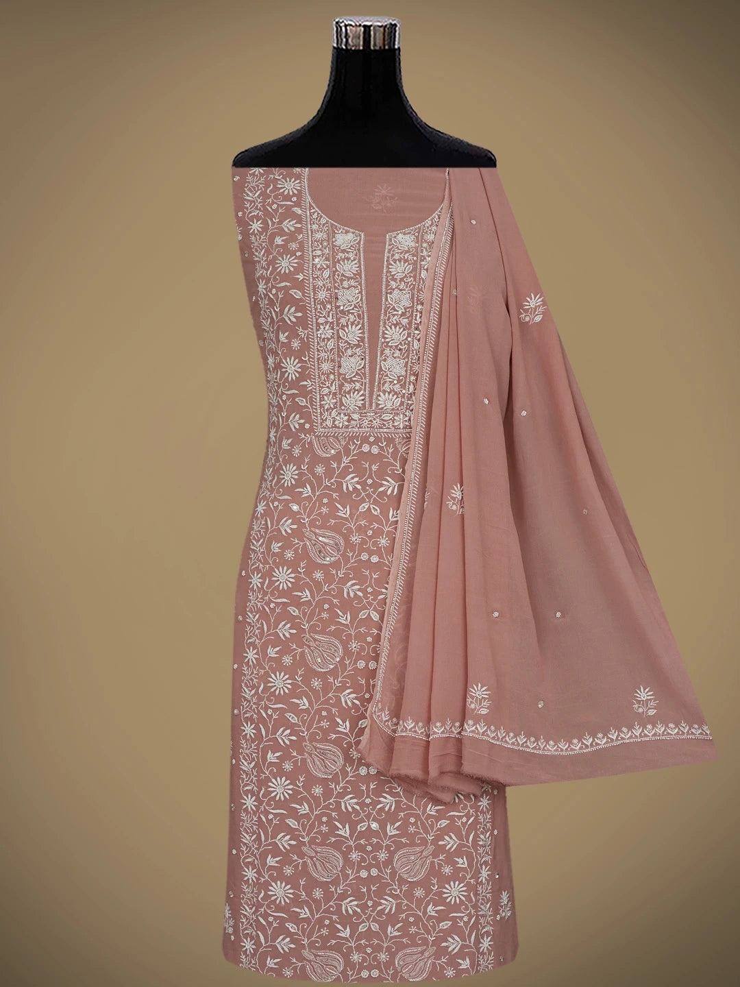 Ada Hand Embroidered Dusty Peach Viscose Georgette Lucknowi Chikankari Unstitched Kurta Dupatta Set With Cutdana Work 01A856618
