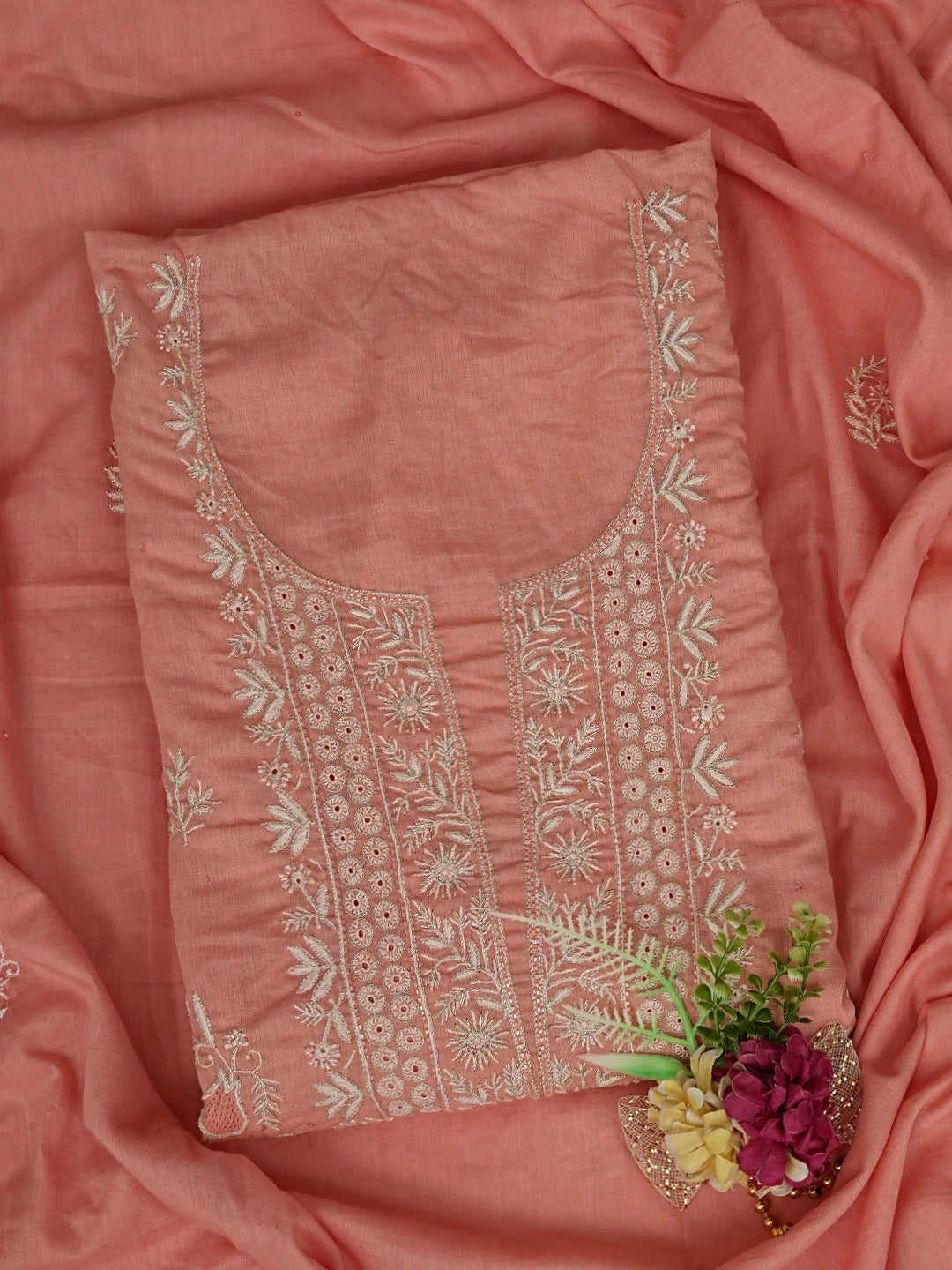 Ada Hand Embroidered Peach Cotton Lucknowi Chikankari Unstitched Kurta Dupatta Set With Zari Work 01A301181