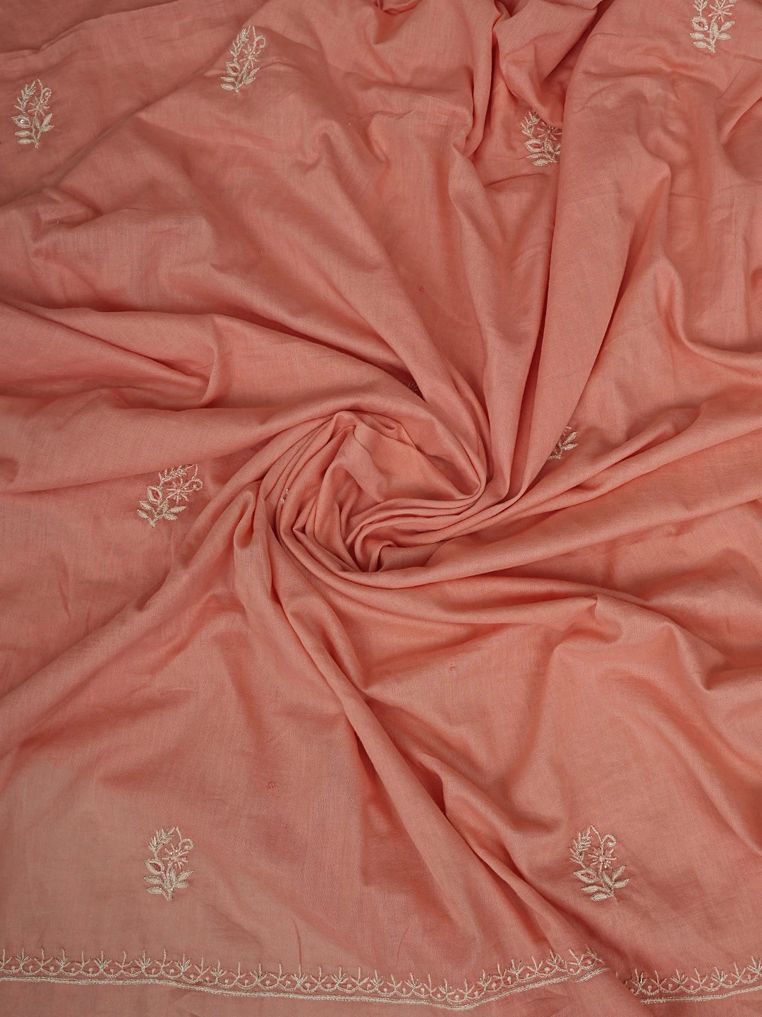 Ada Hand Embroidered Peach Cotton Lucknowi Chikankari Unstitched Kurta Dupatta Set With Zari Work 01A301181