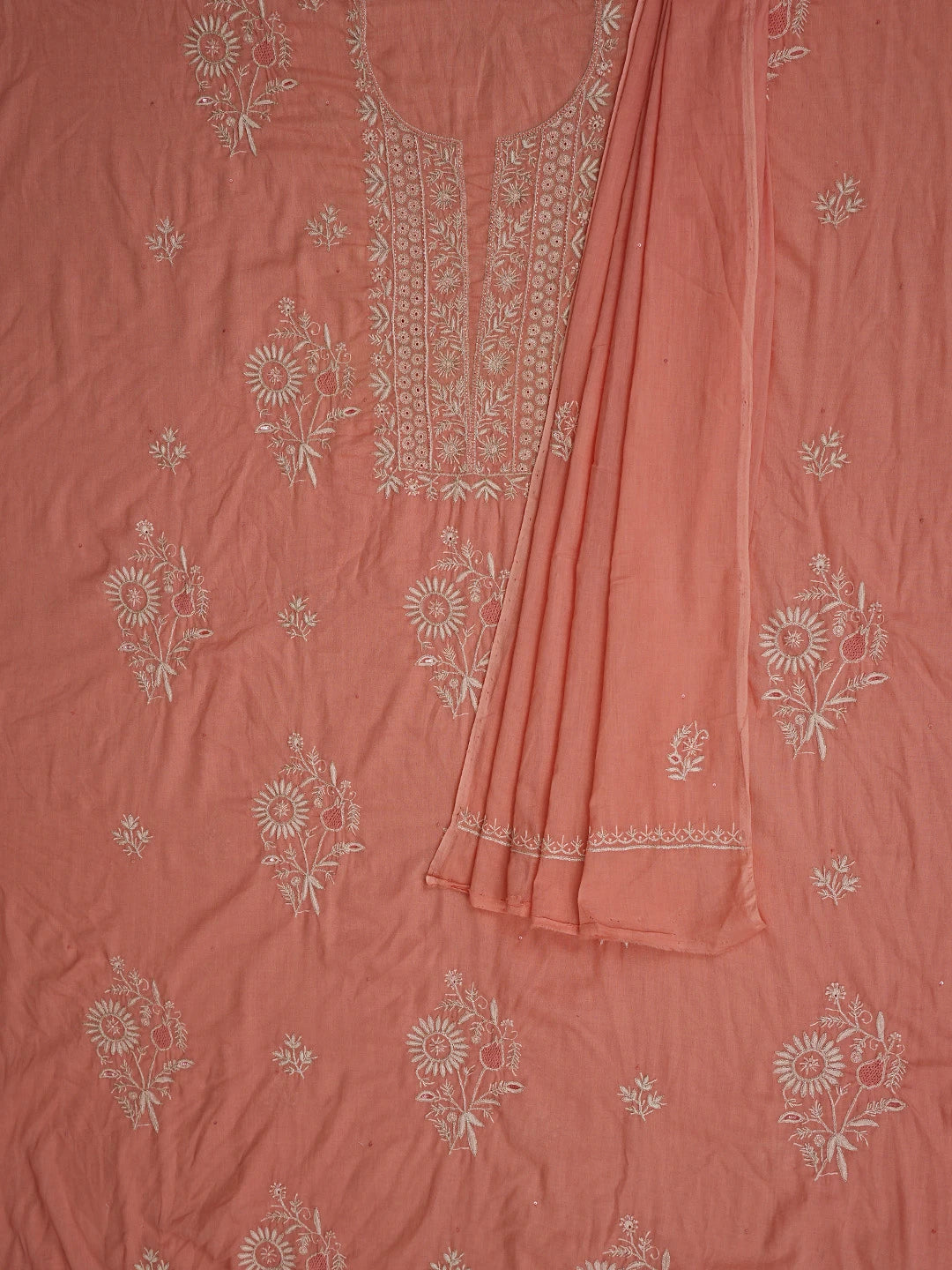 Ada Hand Embroidered Peach Cotton Lucknowi Chikankari Unstitched Kurta Dupatta Set With Zari Work 01A301181