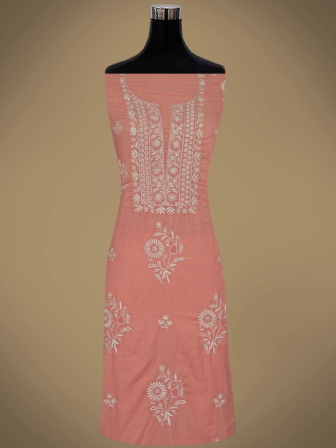 Ada Hand Embroidered Peach Cotton Lucknowi Chikankari Unstitched Kurta Dupatta Set With Zari Work 01A301181