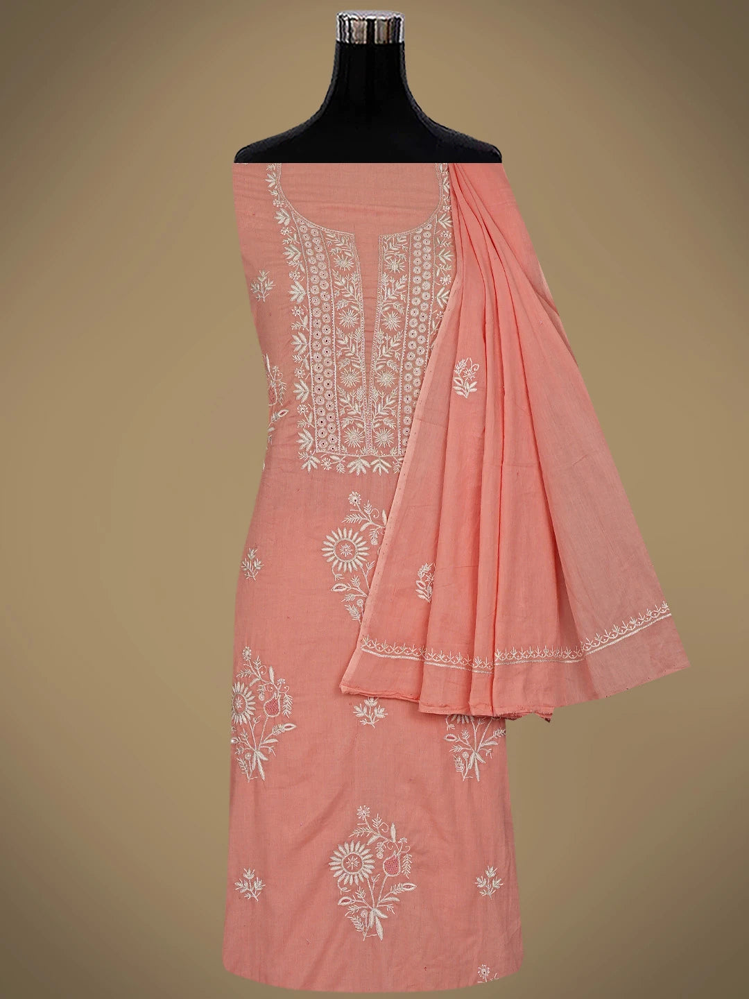 Ada Hand Embroidered Peach Cotton Lucknowi Chikankari Unstitched Kurta Dupatta Set With Zari Work 01A301181
