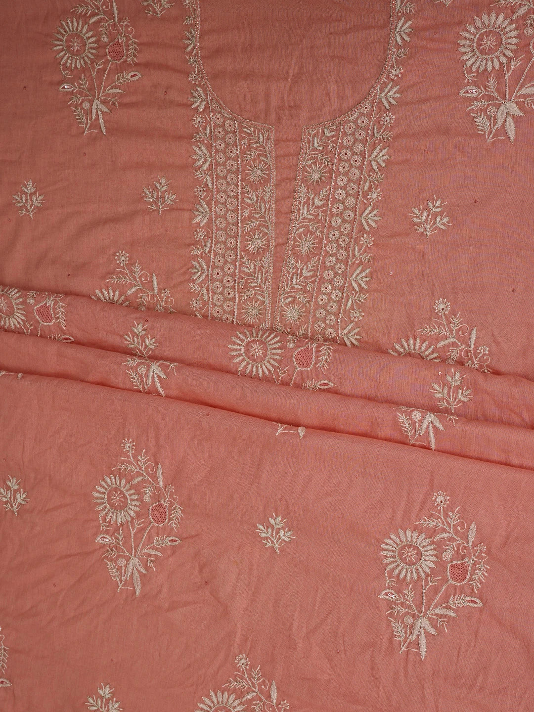 Ada Hand Embroidered Peach Cotton Lucknowi Chikankari Unstitched Kurta Dupatta Set With Zari Work 01A301181