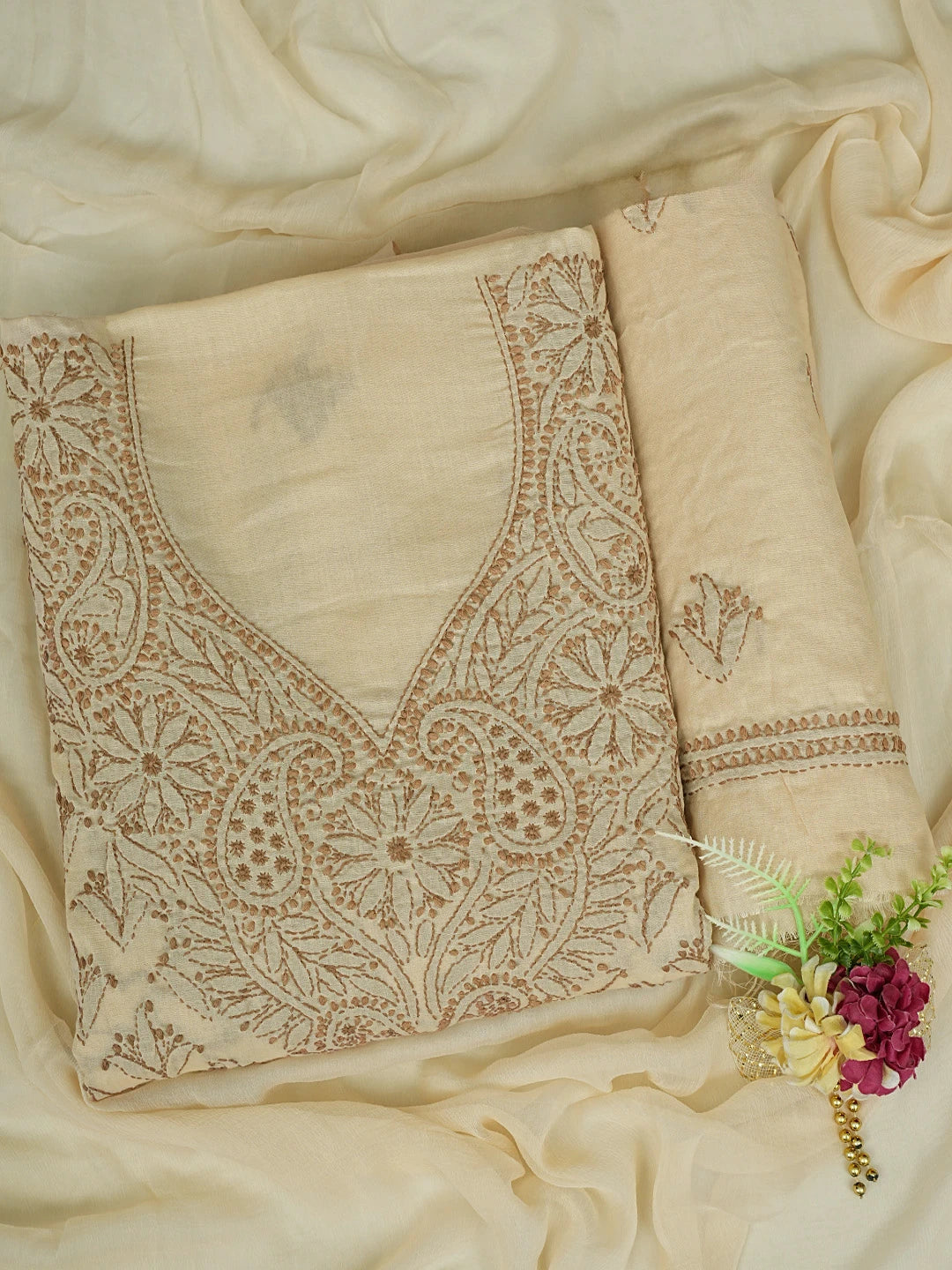 Ada Hand Embroidered Fawn Cotton Lucknowi Chikankari Unstitched Suit Piece 01A867142