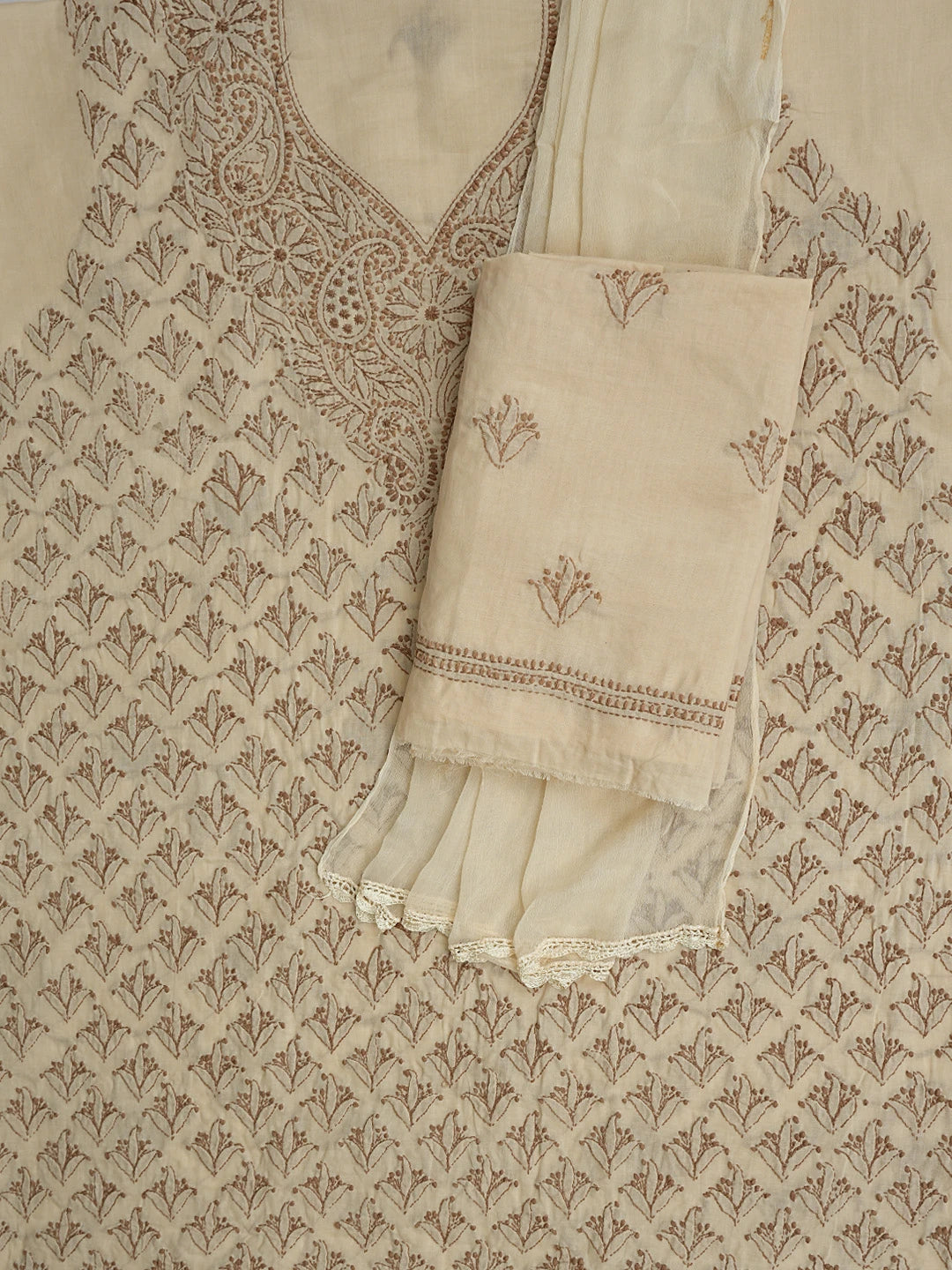 Ada Hand Embroidered Fawn Cotton Lucknowi Chikankari Unstitched Suit Piece 01A867142