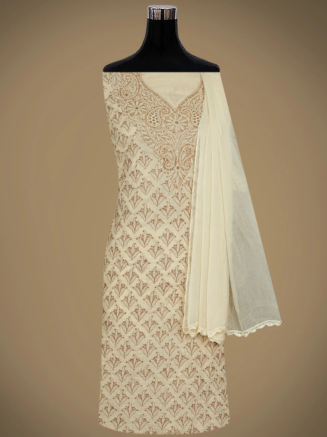 Ada Hand Embroidered Fawn Cotton Lucknowi Chikankari Unstitched Suit Piece 01A867142