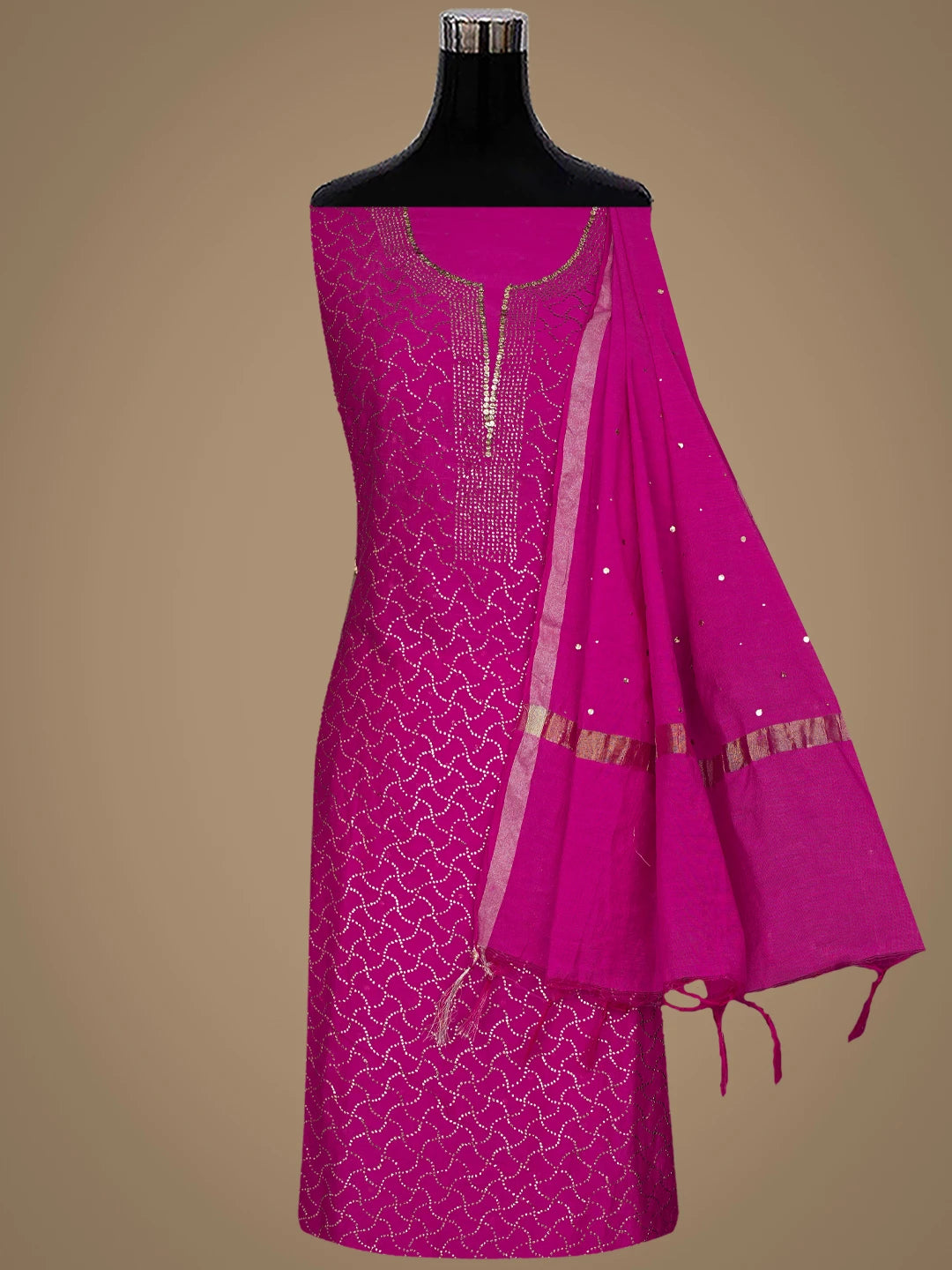 Ada Hand Embroidered Magenta Chanderi Unstitched Kurta Dupatta Set With Mukaish Work A595584
