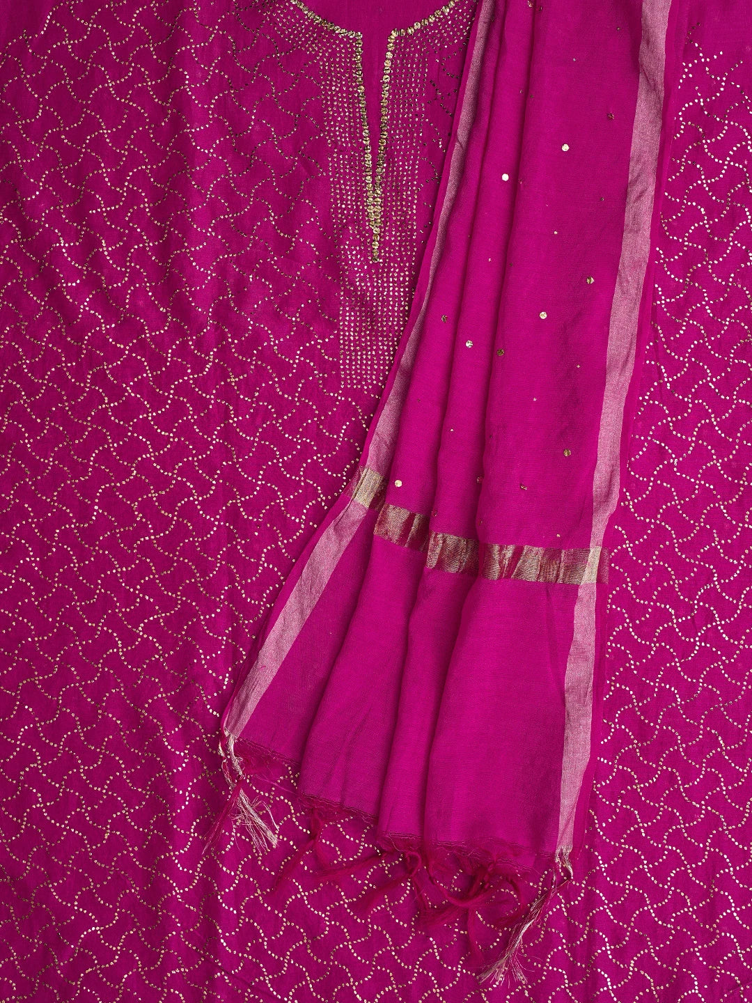 Ada Hand Embroidered Magenta Chanderi Unstitched Kurta Dupatta Set With Mukaish Work A595584