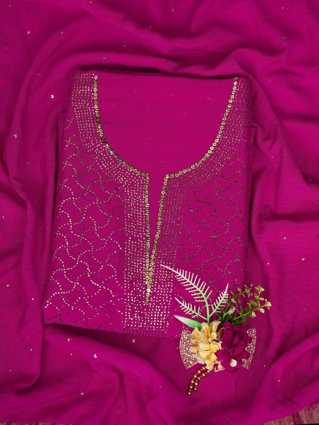 Ada Hand Embroidered Magenta Chanderi Unstitched Kurta Dupatta Set With Mukaish Work A595584