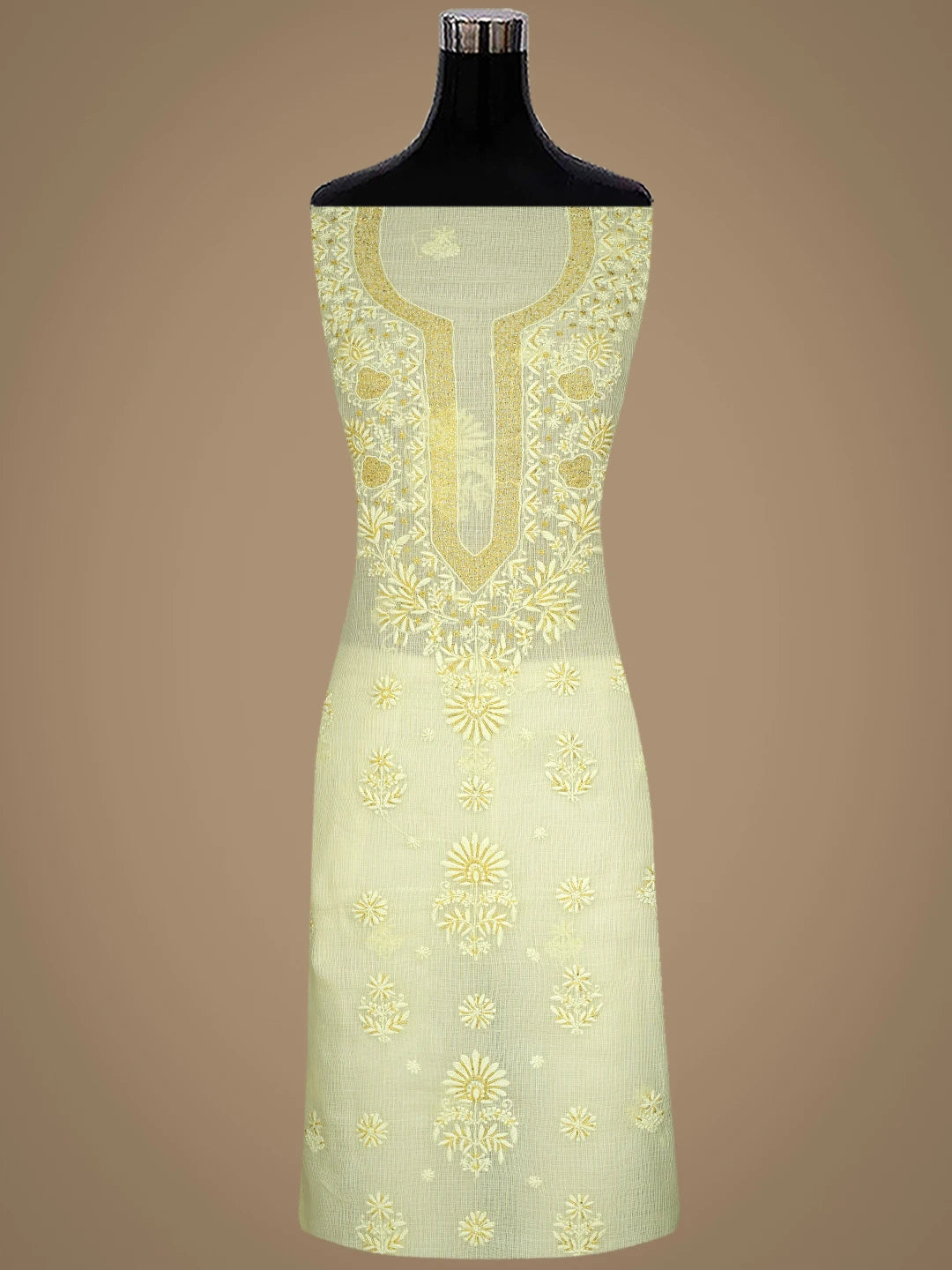 Ada Hand Embroidered Lemon Kota Lucknowi Chikankari Unstitched Suit Piece With Cutdana Work 01A842077