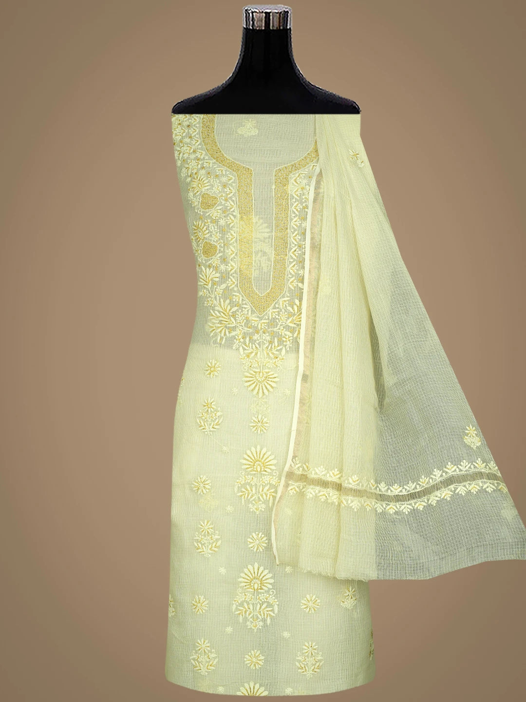 Ada Hand Embroidered Lemon Kota Lucknowi Chikankari Unstitched Suit Piece With Cutdana Work 01A842077