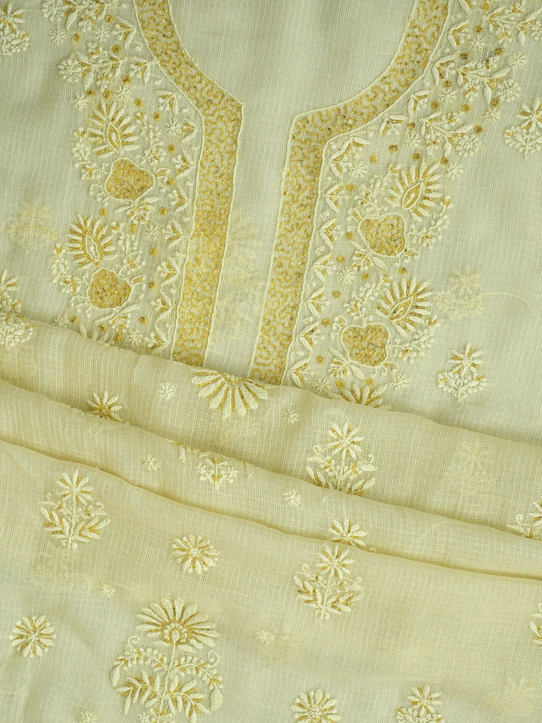 Ada Hand Embroidered Lemon Kota Lucknowi Chikankari Unstitched Suit Piece With Cutdana Work 01A842077