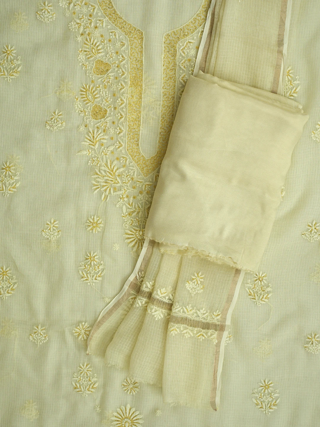 Ada Hand Embroidered Lemon Kota Lucknowi Chikankari Unstitched Suit Piece With Cutdana Work 01A842077