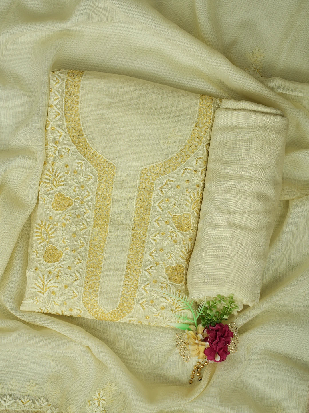 Ada Hand Embroidered Lemon Kota Lucknowi Chikankari Unstitched Suit Piece With Cutdana Work 01A842077