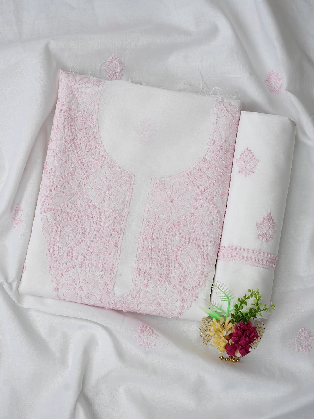 Ada Hand Embroidered White Cotton Lucknowi Chikankari Unstitched Suit Piece 01A867087