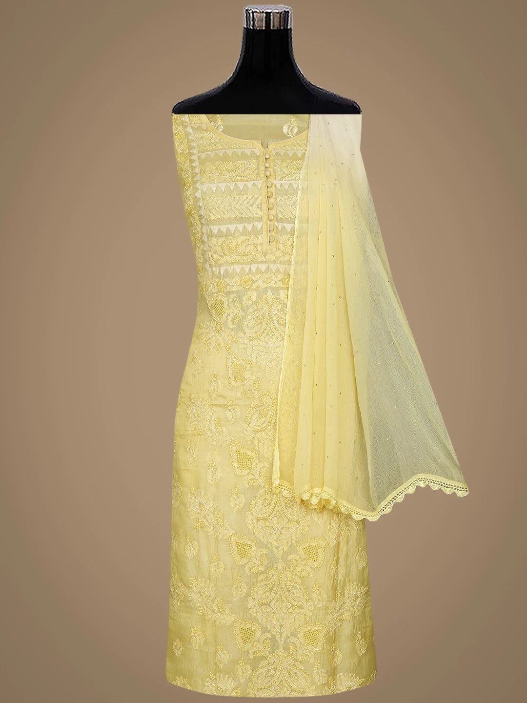 Ada Hand Embroidered Lemon Silk Lucknowi Chikankari Unstitched Suit Piece 01A832461