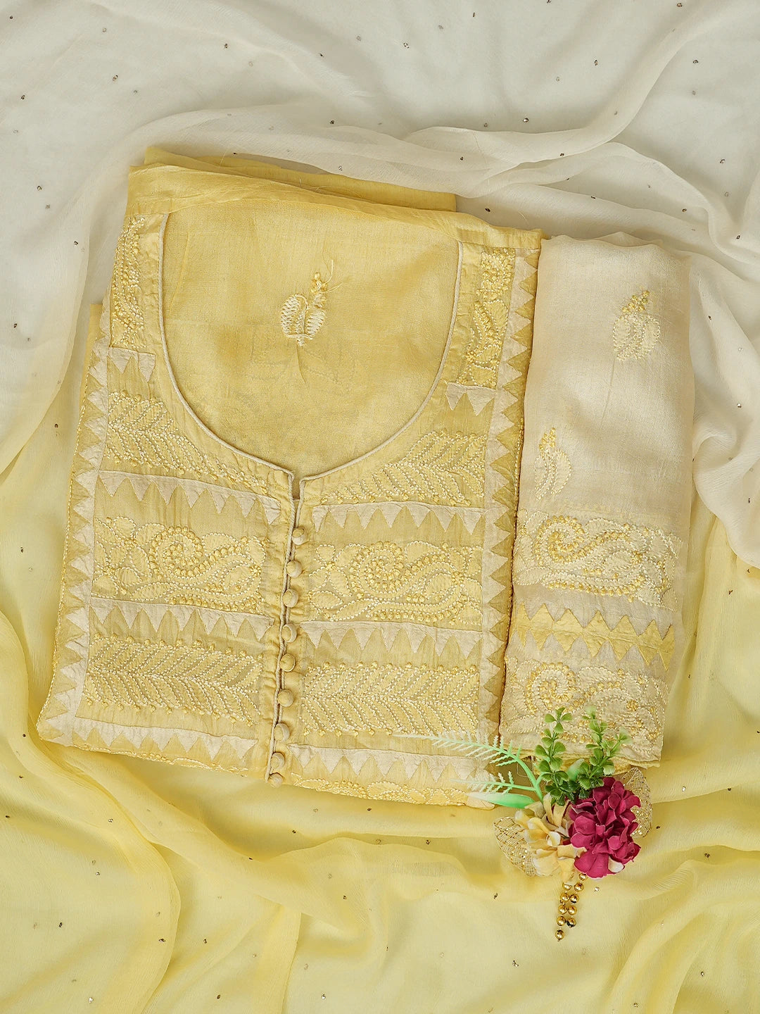 Ada Hand Embroidered Lemon Silk Lucknowi Chikankari Unstitched Suit Piece 01A832461