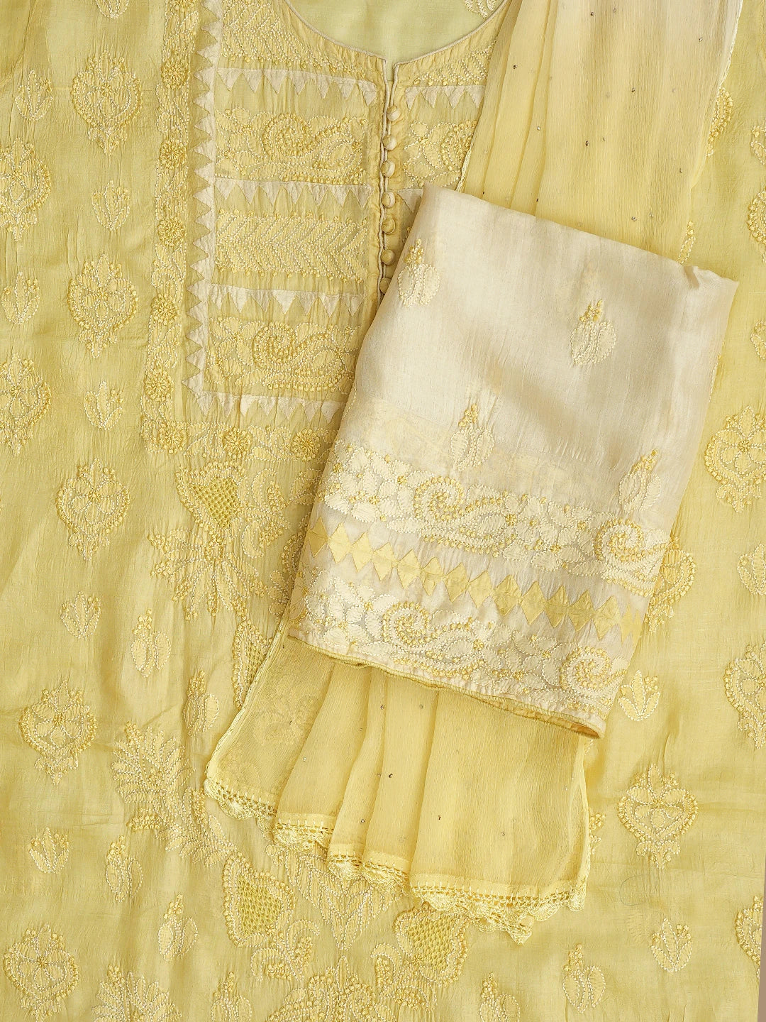Ada Hand Embroidered Lemon Silk Lucknowi Chikankari Unstitched Suit Piece 01A832461