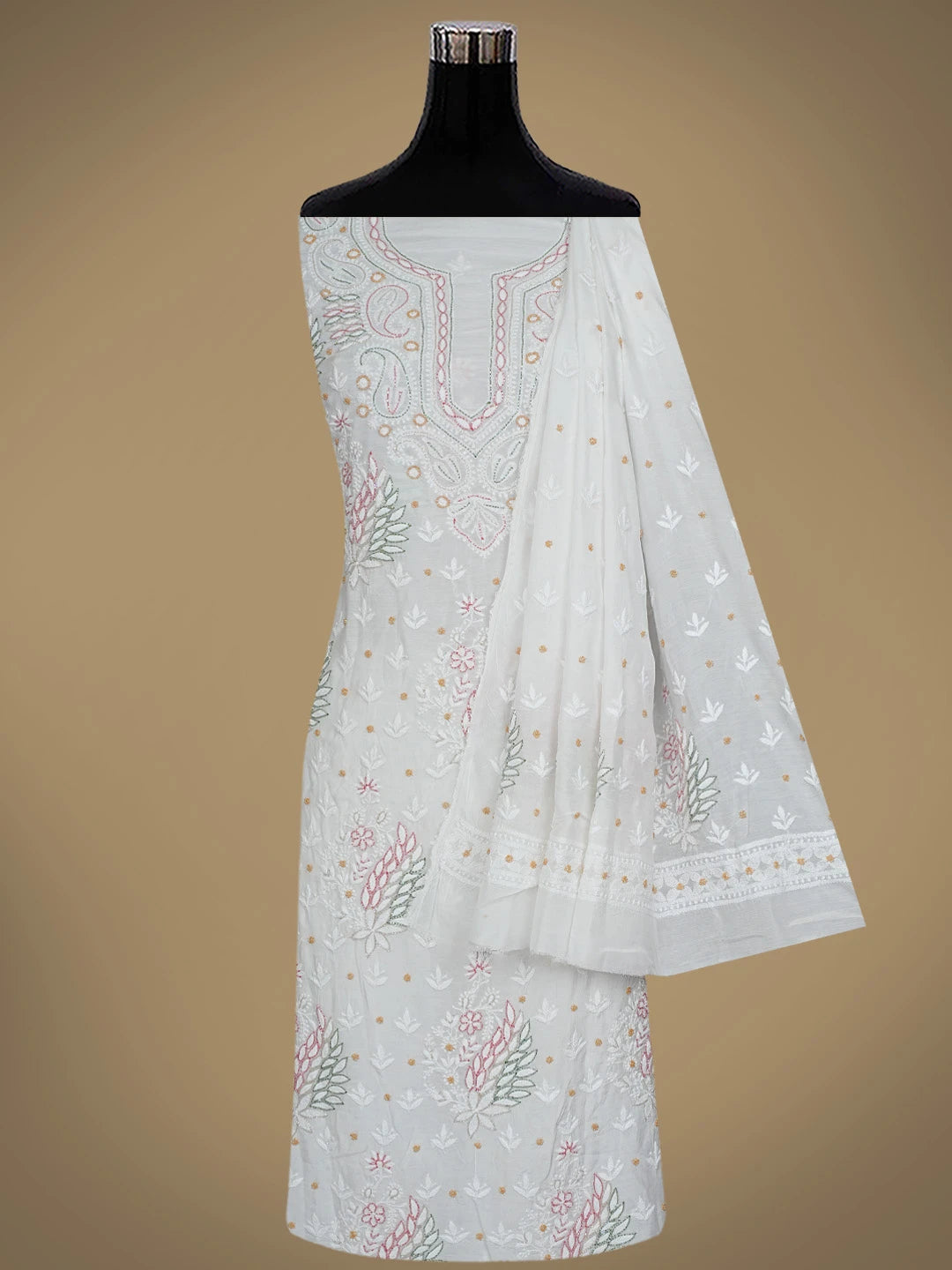 Ada Hand Embroidered White Muslin Lucknowi Chikankari Unstitched Kurta Dupatta Set With Cutdana Work 01A785686