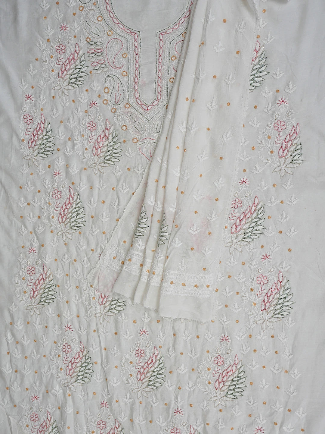 Ada Hand Embroidered White Muslin Lucknowi Chikankari Unstitched Kurta Dupatta Set With Cutdana Work 01A785686