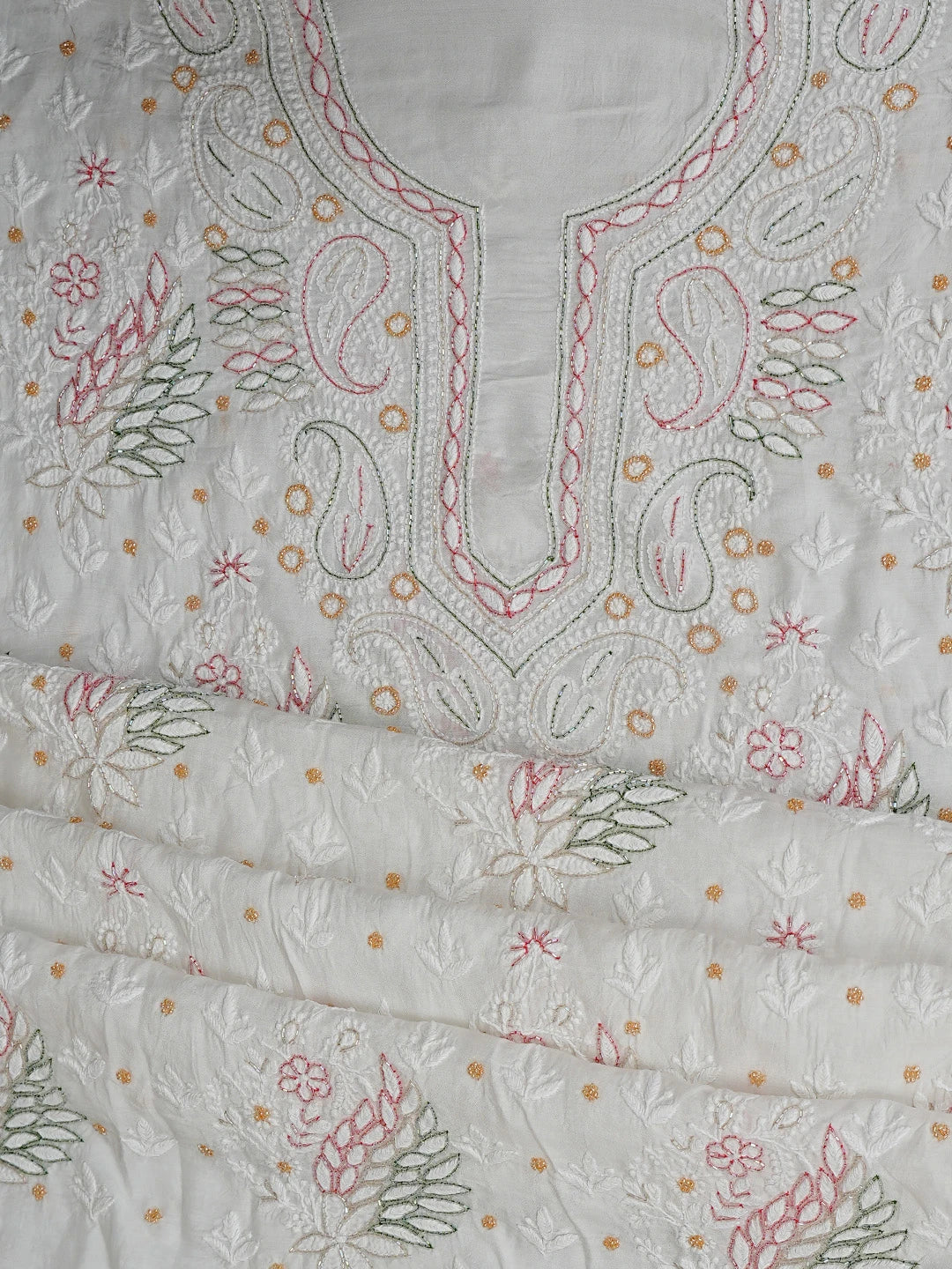Ada Hand Embroidered White Muslin Lucknowi Chikankari Unstitched Kurta Dupatta Set With Cutdana Work 01A785686