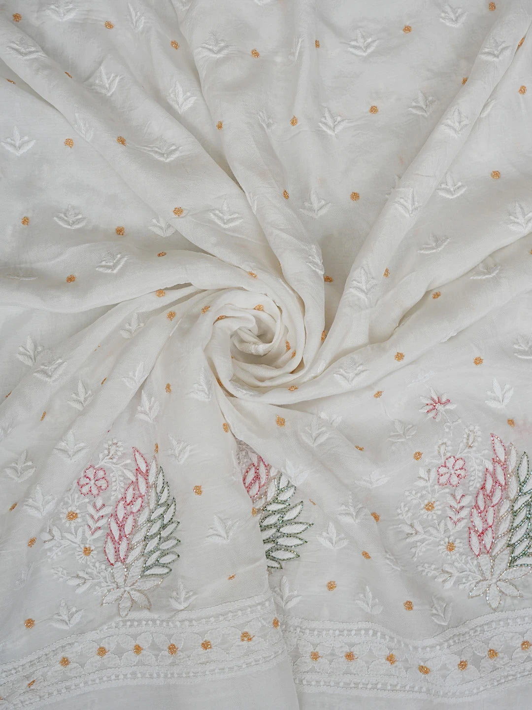 Ada Hand Embroidered White Muslin Lucknowi Chikankari Unstitched Kurta Dupatta Set With Cutdana Work 01A785686