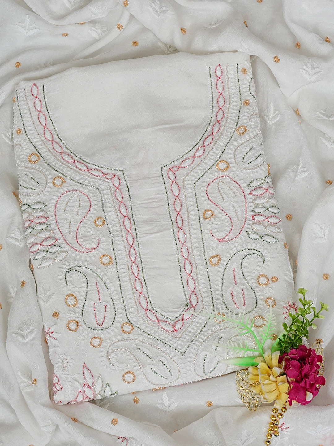 Ada Hand Embroidered White Muslin Lucknowi Chikankari Unstitched Kurta Dupatta Set With Cutdana Work 01A785686