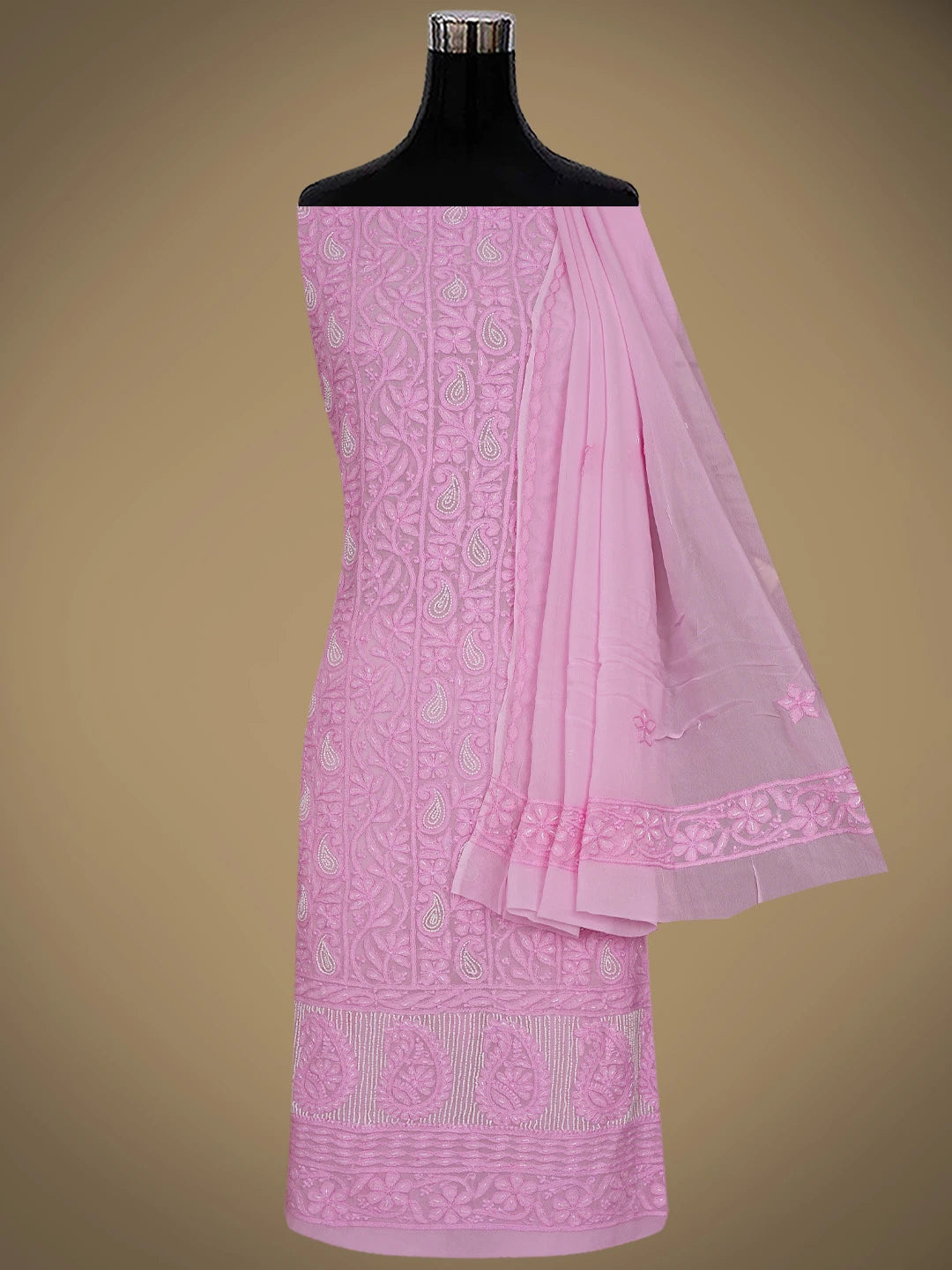 Ada Hand Embroidered Pink Viscose Georgette Lucknowi Chikankari Unstitched Kurta Dupatta Set With Cutdana Work 01A760023