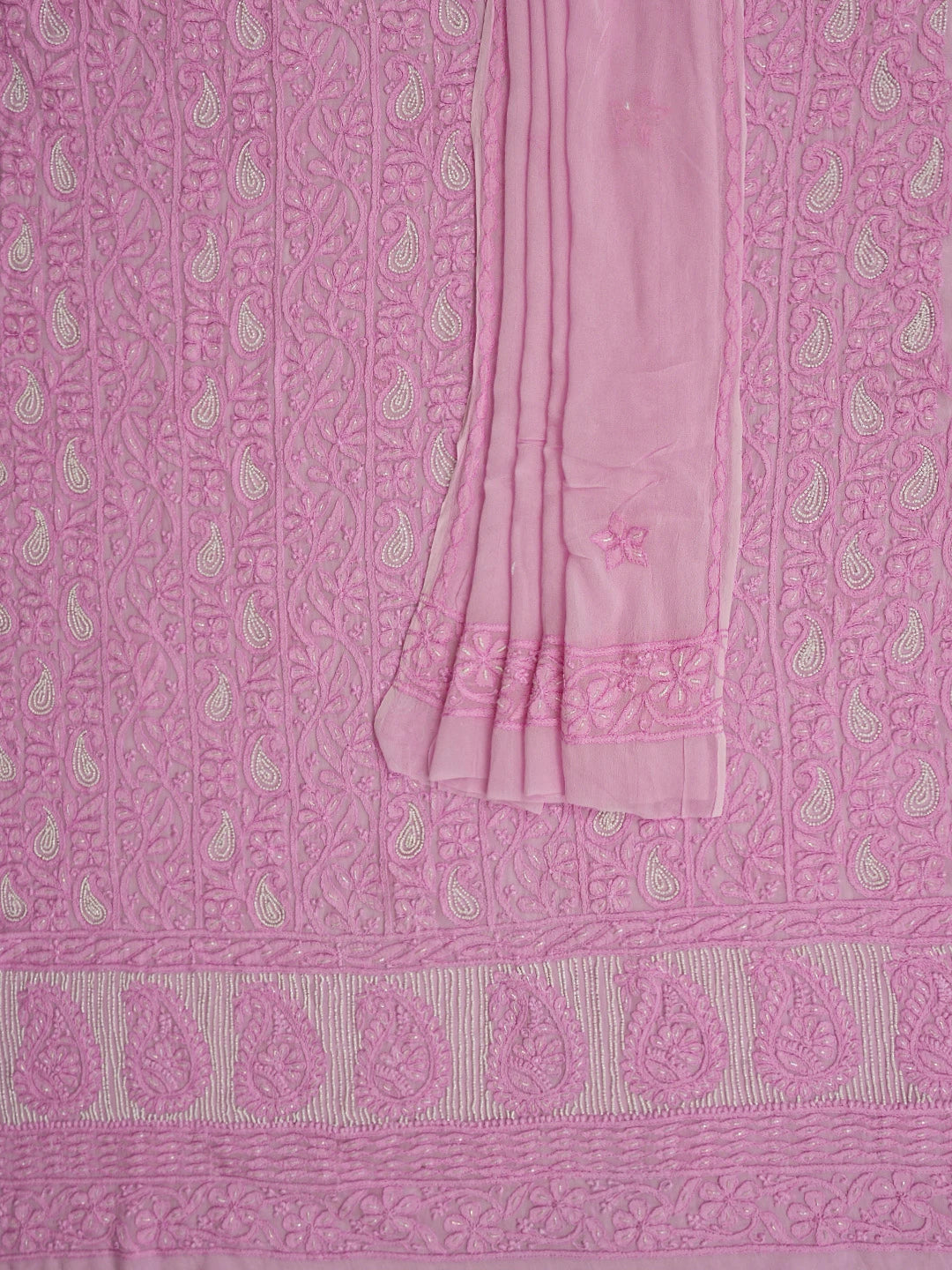 Ada Hand Embroidered Pink Viscose Georgette Lucknowi Chikankari Unstitched Kurta Dupatta Set With Cutdana Work 01A760023