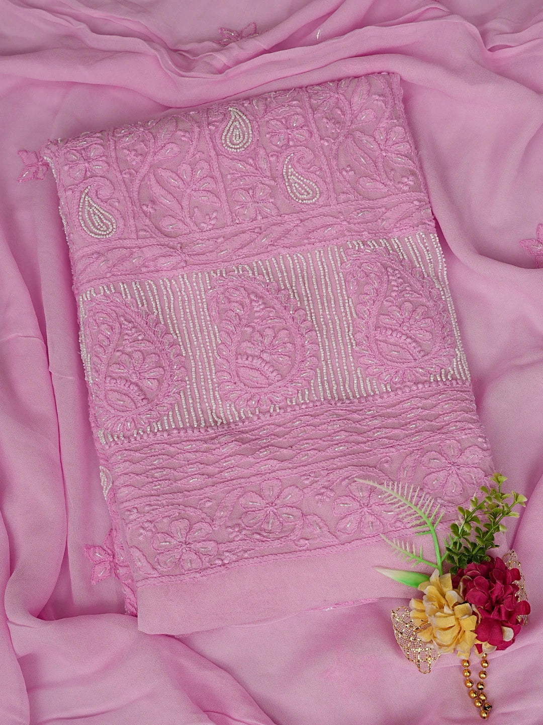 Ada Hand Embroidered Pink Viscose Georgette Lucknowi Chikankari Unstitched Kurta Dupatta Set With Cutdana Work 01A760023