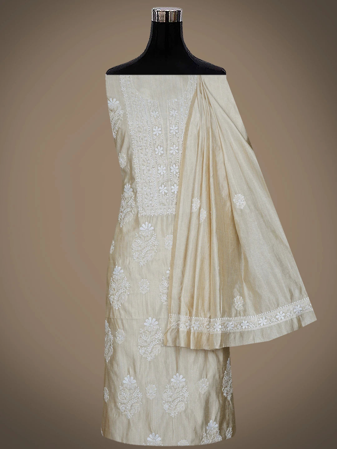 Ada Hand Embroidered Fawn Silk Lucknowi Chikankari Unstitched Kurta Dupatta Set 01A838979