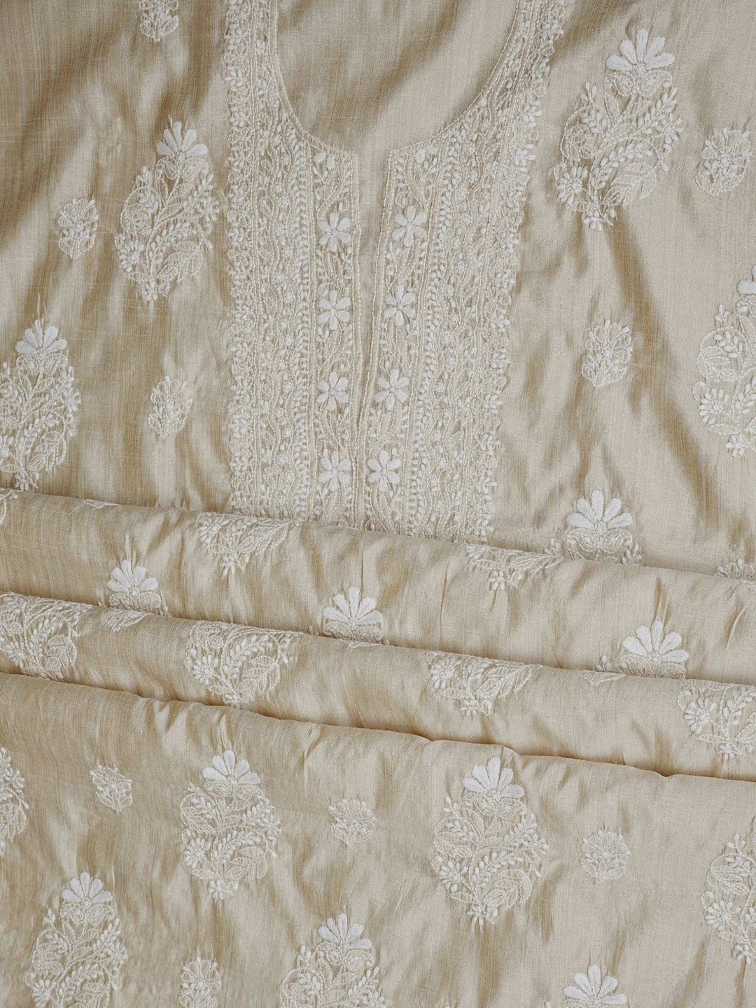 Ada Hand Embroidered Fawn Silk Lucknowi Chikankari Unstitched Kurta Dupatta Set 01A838979