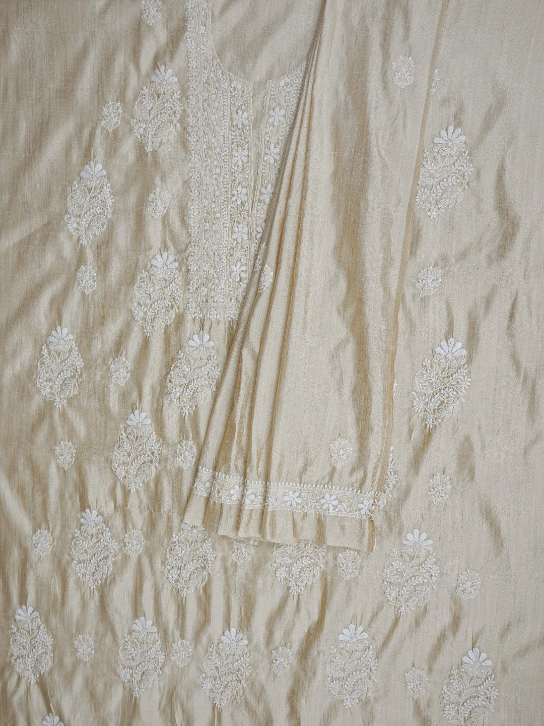 Ada Hand Embroidered Fawn Silk Lucknowi Chikankari Unstitched Kurta Dupatta Set 01A838979