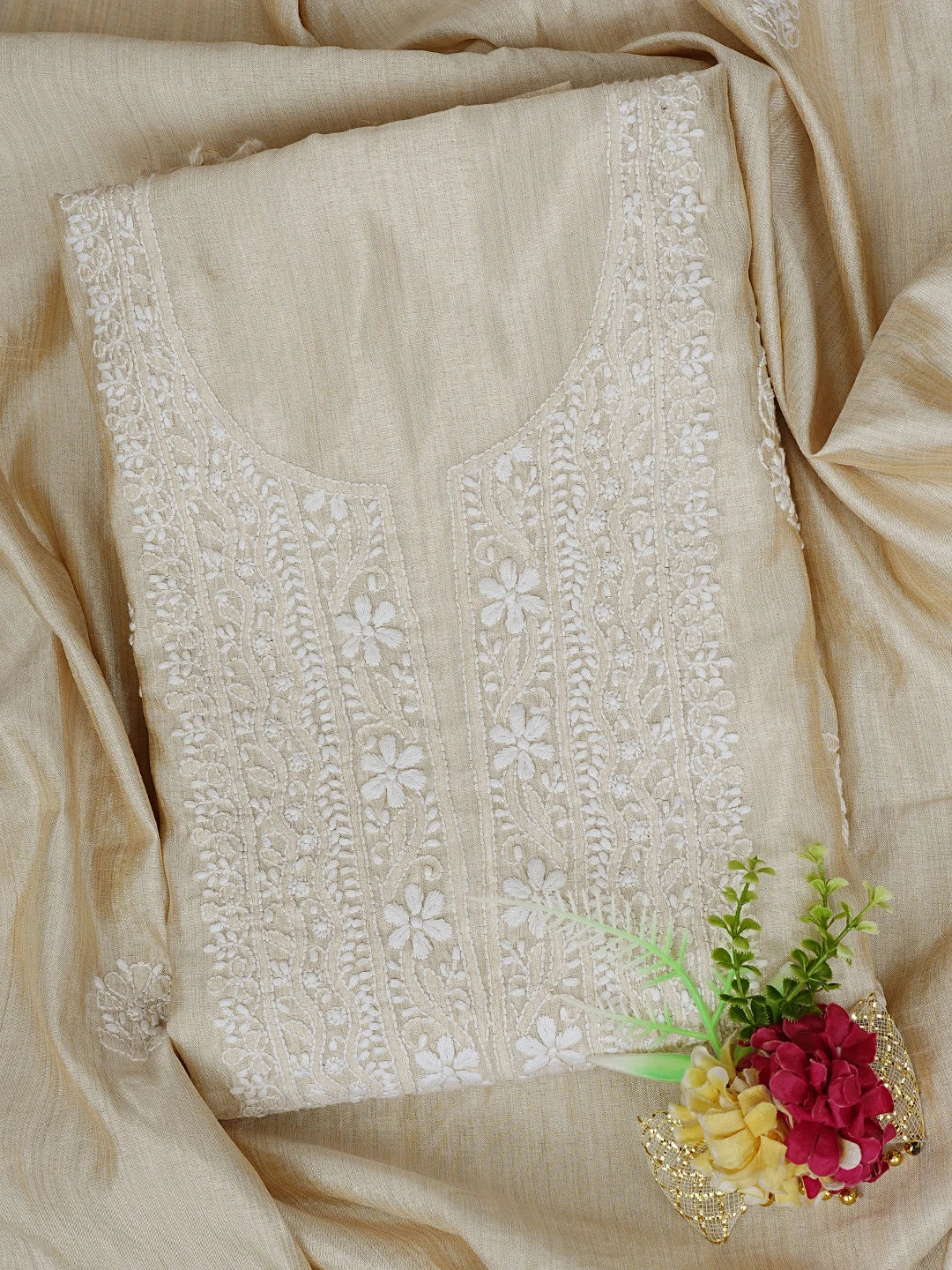 Ada Hand Embroidered Fawn Silk Lucknowi Chikankari Unstitched Kurta Dupatta Set 01A838979